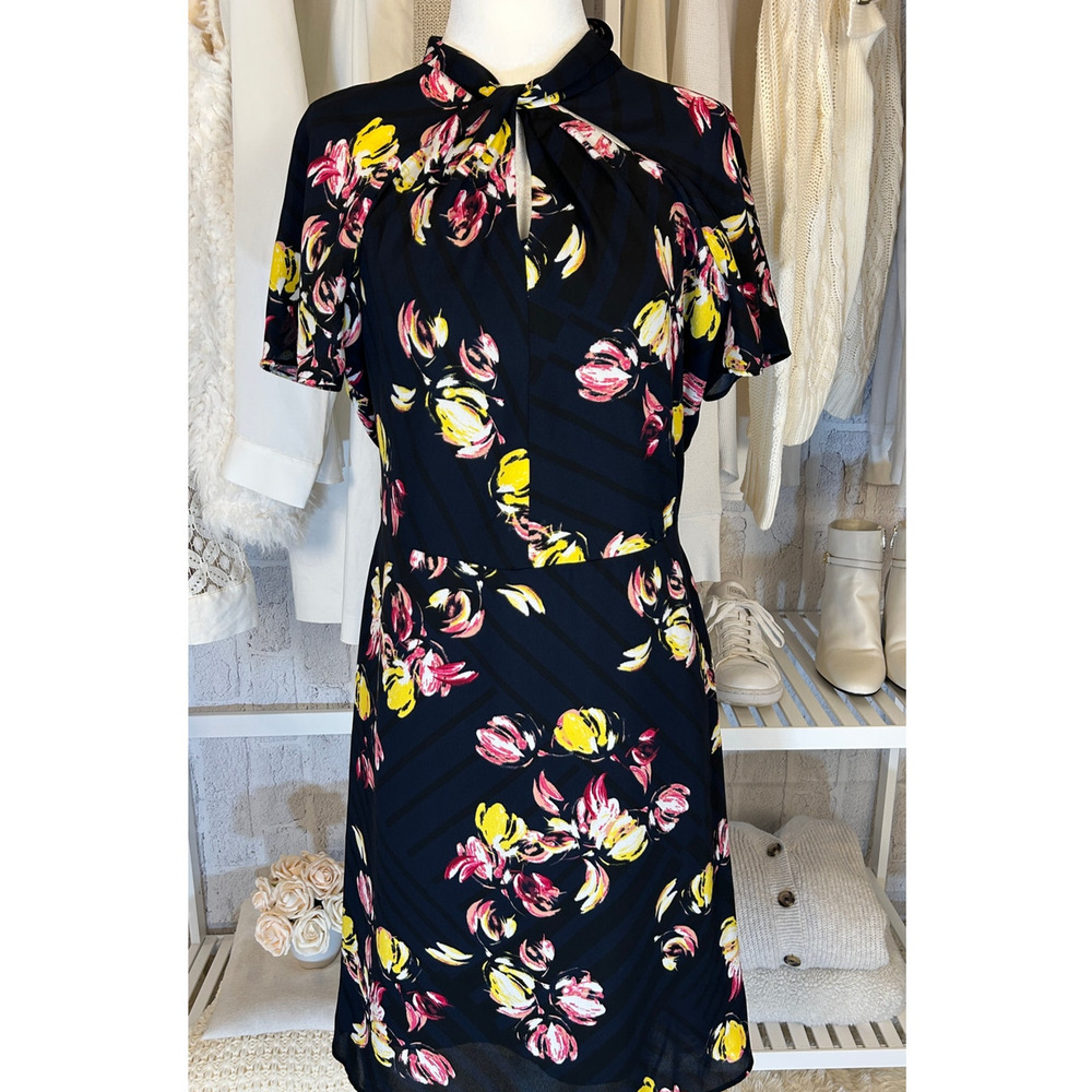 Banana Republic Womens Sz 6 Navy Twist Neck Multicolor Floral Sheath Dress #0433